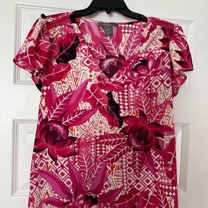 Vince Camuto Magenta Floral V-Neck Flutter Sleeve Blouse